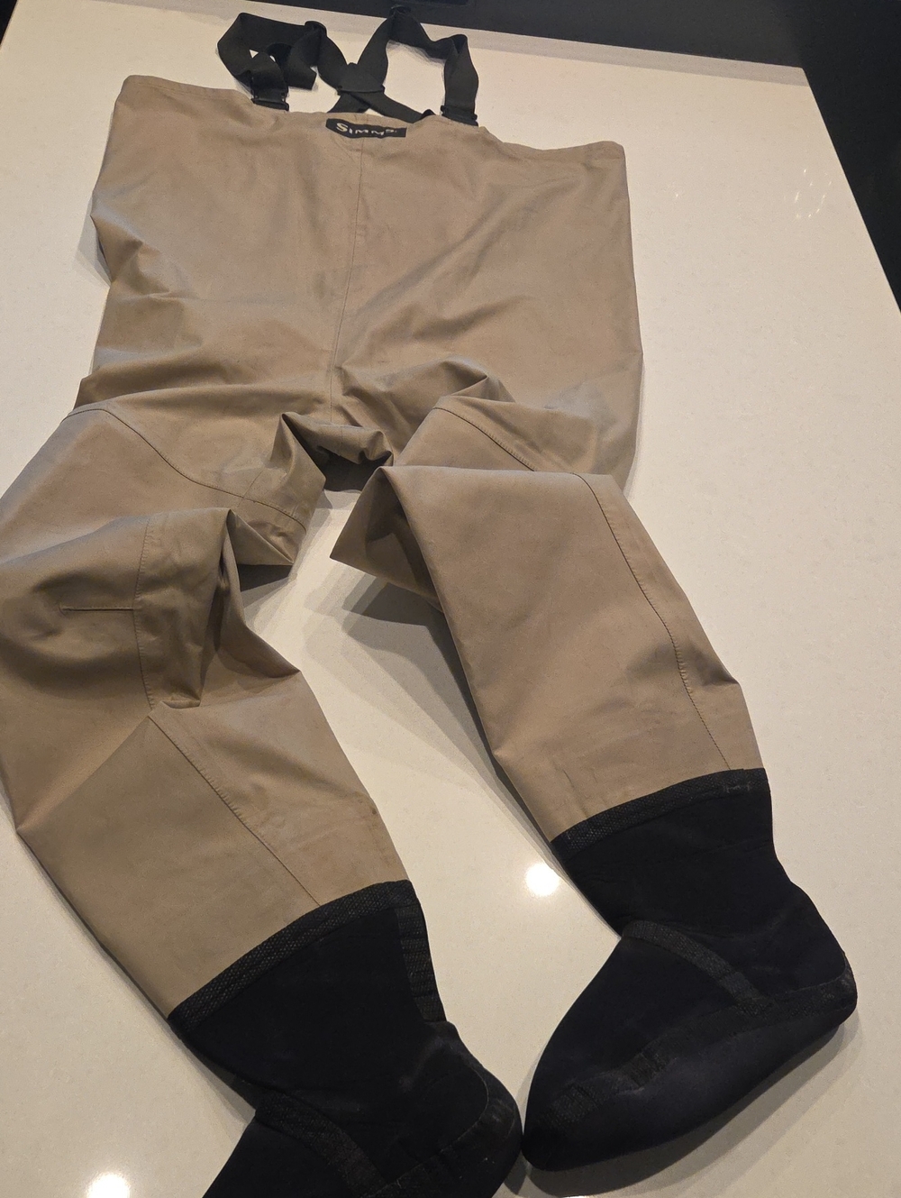 Simms Gore-Tex Tan Chest Waders with Black Built-In Boots